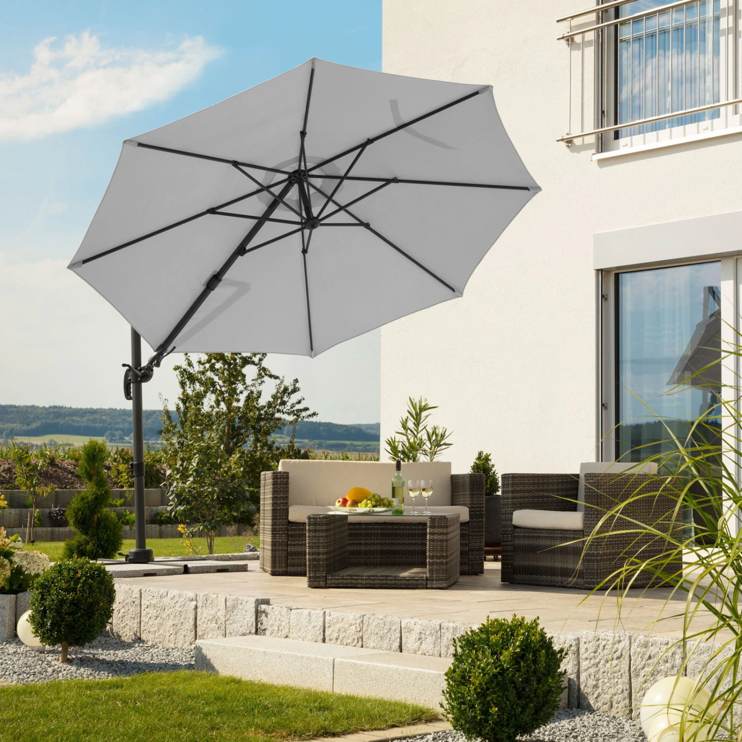 Ampelschirm Rhodos Eco TWIST, Silbergrau, Ca. Ø 300 Cm 3 Ampelschirm Rhodos Eco TWIST, Silbergrau, Ca. Ø 300 Cm